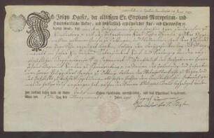 Taufzeugnis des Landgrafen Karl Philipp von Fürstenberg.