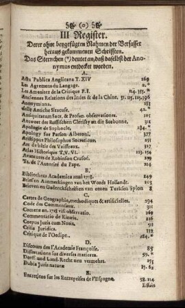 III. Register. Derer ohne beygefügten Nahmen der Verfasser heraus gekommenen Schrifften.