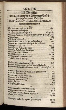 III. Register. Derer ohne beygefügten Nahmen der Verfasser heraus gekommenen Schrifften.