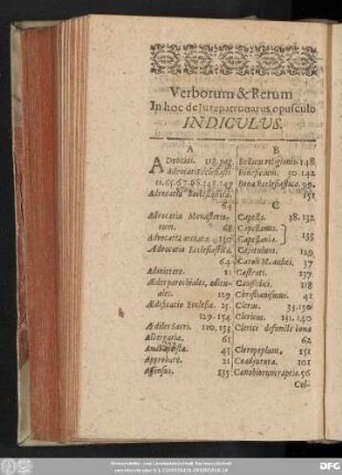 Verborum & rerum In hoc de Iurepatronatus opusculo Indiculus.