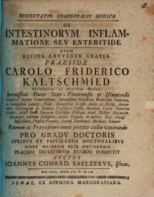 Diss. inaug. ... de intestinorum inflammatione seu enteritide