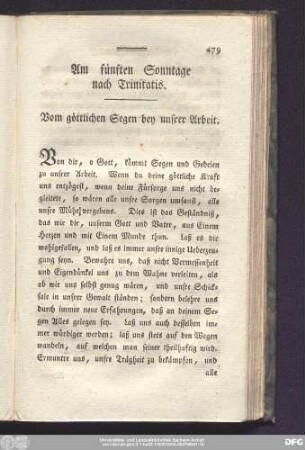 Am fünften Sonntage nach Trinitatis. Vom göttlichen Segen bey unsrer Arbeit.