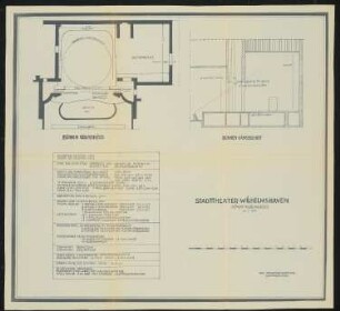 Stadttheater, Wilhelmshaven: Bühnengrundriss und Bühnenlängsschnitt 1:100
