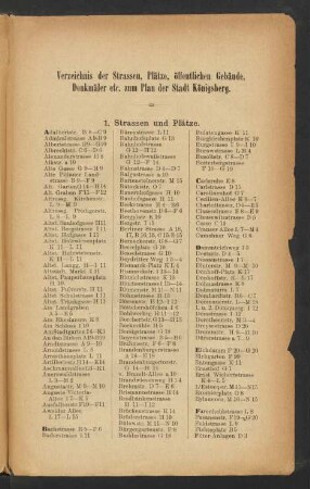 Verzeichnis der Strassen, Plätze, öffentlichen Gebäude, Denkmäler etc. zum Plan der Stadt Königsberg.