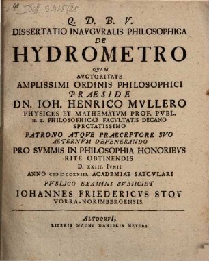Dissertatio Inavgvralis Philosophica De hydrometro