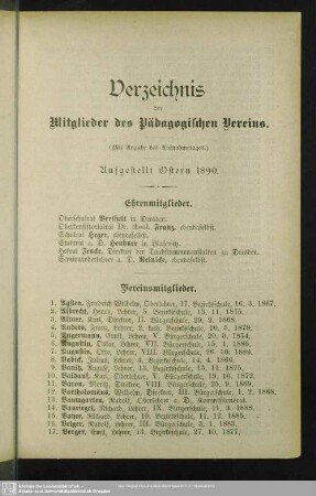 Verzeichnis der Mitglieder des Pädagogischen Vereins