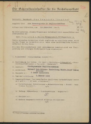 Stadttheater kleines Haus, Teplice: Fragebogen für das Handbuch »Das Deutsche Theater«, vierseitiges Dokument