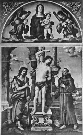 Der heilige Sebastian zwischen Johannes dem Täufer und den heiligen Franziskus; oben Madonna zwischen Engeln