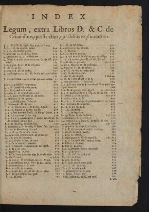 Index Legum, extra Libros D. & C. de Criminibus, quastrictius, qua susius explicatarum.