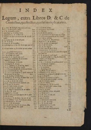 Index Legum, extra Libros D. & C. de Criminibus, quastrictius, qua susius explicatarum.