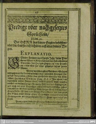 Predigt uber nachgesetztes Sprüchlein, Psalm 91.
