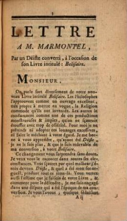 Lettre à M. Marmontel, par un Déiste converti, à l'occasion de son livre intitulé Bélisaire : dans laquelle on fait une critique du XV. Chapitre de ce fameux roman
