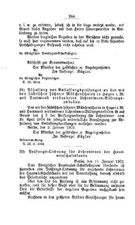 Prüfungs-Ordnung für Lehrerinnen der Hauswirtschaftskunde : [E. Schullehrer- und Lehrerinnen-Seminare etc., Bildung der Lehrer und deren persönliche Verhältnisse]