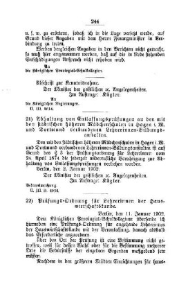 Prüfungs-Ordnung für Lehrerinnen der Hauswirtschaftskunde : [E. Schullehrer- und Lehrerinnen-Seminare etc., Bildung der Lehrer und deren persönliche Verhältnisse]