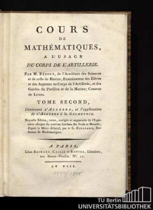 2: Contenant l'Algèbre, et l'application de L'Algèbre à la Géométrie