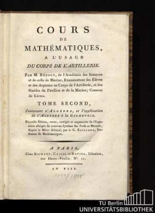 2: Contenant l'Algèbre, et l'application de L'Algèbre à la Géométrie