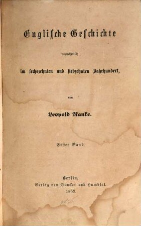 Englische Geschichte vornehmlich im sechzehnten und siebzehnten Jahrhundert, 1
