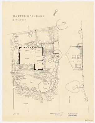 Garten Hollmann, Bad Soden: Lageplan mit Schnitt, Pflanzplan Gehölze und Stauden 1:100