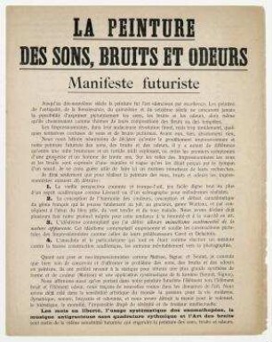 La Peinture des Sons, Bruits et Odeurs. Manifeste futuriste. Mailand. Mailand: Direction du Mouvement Futuriste