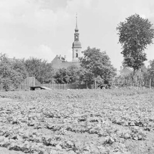 Lübbenau. Blick auf die Lübbenauer Kirche. : Lubnjow. Pohlad na Lubnjowsku cyrkej.