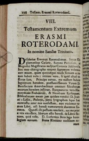VIII. Testamentum Extremum Erasmi Roterodami.