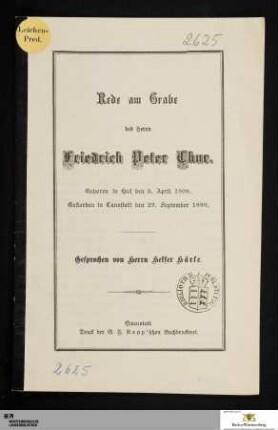 Rede am Grabe des Herrn Friedrich Peter Chur : geboren in Hall den 5. April 1808. Gestorben in Cannstatt den 29. September 1880