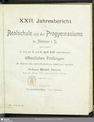 22.1896/97: Jahresbericht der Realschule und des Progymnasiums zu Meerane i.S. : durch welchen zu den am ... stattfindenden öffentlichen Prüfungen im Namen des Lehrerkollegiums ergebenst einladet ...