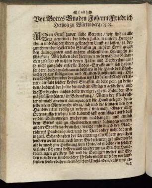 Von Gottes Gnaden Johann Friederich Hertzog zu Würtemberg [...]