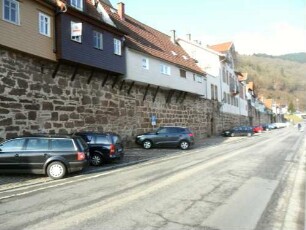 Stadtbefestigung-Stadtmauer von Höhe des ehemaligen Fischertores der Vorderstadt mit aufgebauten Häusern (19 Jh) im Verlauf nach Nordosten entlang der Hinterstadt von Neckarseite