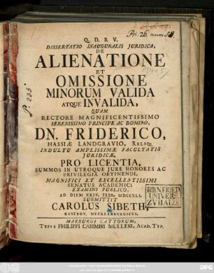 Dissertatio Inauguralis Juridica, De Alienatione Et Omissione Minorum Valida Atque Invalida