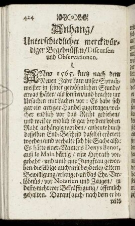 Anhang/ Unterschiedlicher merckwürdiger Begebnüssen/ Discursen und Observationen.