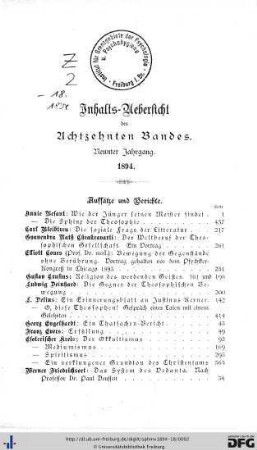 Inhalts-Übersicht des Achtzehnten Bandes