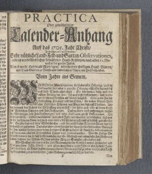 Practica Oder gewöhnlicher Calender-Anhang/ Auff das 1705. Jahr Christi