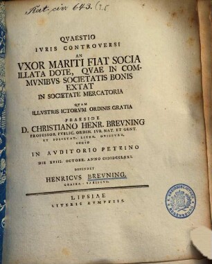 Quaestio iuris controversi an uxor mariti fiat socia illata dote, quae in communibus societatis bonis extat in societate mercatoria