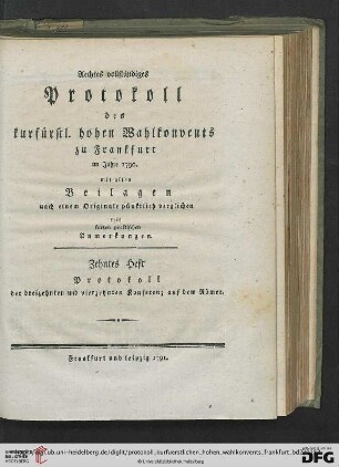 Zehntes Heft: Protokoll der dreizehnten und vierzehnten Konferenz auf dem Römer