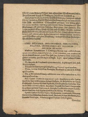 Libri Historici, Philosophici, Philologici, Politici, Geographici Et Aliarum Artium Human.