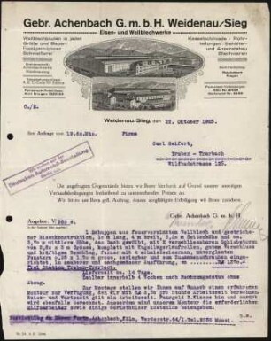 1 Firmenbriefkopf Achenbach (Gebr.), G.m.b.H, Weidenau - Sieg von 1920, und noch einen Briefkopf mit nur oberen Teil von 1925 !