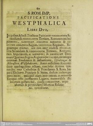 De S. Rom. Imp. Pacificatione Westphalica Libri Duo