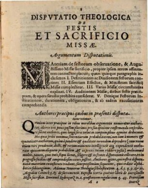 Disputatio Theologica, De Festis, Et Sacrificio Missae