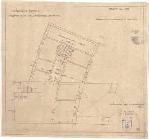 Bestelmeyer, German; Bonn (Nordrhein-Westfalen), Mühlheimerplatz; Verwaltungsgebäude - Mappe 1: Hausmeisterwohnung, Treppe (Teilgrundriss)