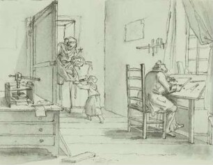 Innenraum mit Zeichner am Arbeitstisch vor dem Fenster. Im Hintergrund vom Markt heimkehrende Frau (Der Formschneider) : Der Formschneider am Arbeitstisch, E. 18. Jh.