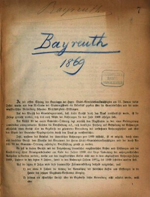Verwaltungsbericht des Stadt-Magistrats Bayreuth für die Jahre .... 1869