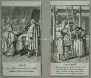 Illustrationen (Blatt 3 und 4 von 12) von Daniel Nikolaus Chodowiecki zu sechs Fabeln und sechs Erzählungen von Christian Fürchtegott Gellert.