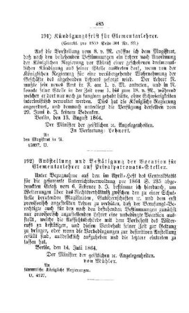 Kündigungsfrist für Elementarlehrer : [IV. Seminarien, Bildung der Lehrer und deren persönliche Verhältnisse]
