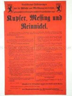 Maueranschlag: Bekanntmachung über die Meldepflicht für Kupfer, Messing und Reinnickel