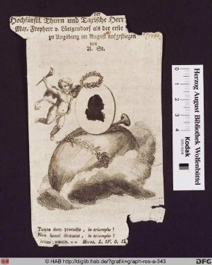 Putto mit Fackel und Lorbeerkranz an einer Silhouette und einem Ballon.