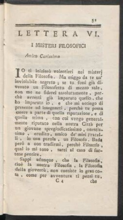 Lettera VI. I Misteri Filosofici