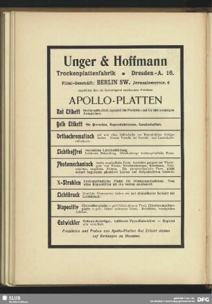 Unger & Hoffmann. Trockenplattenfabrik. Dresden. Apollo-Platten