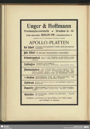 Unger & Hoffmann. Trockenplattenfabrik. Dresden. Apollo-Platten