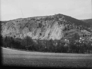Panoramablick : Blick über eine hügelige Landschaft mit einem Dorf, im Vordergrund Wiese